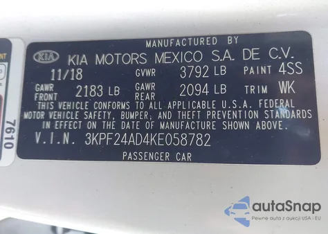 2019 Kia Forte Lxs z USA, uszkodzony, nr VIN 3KPF24AD4KE05878